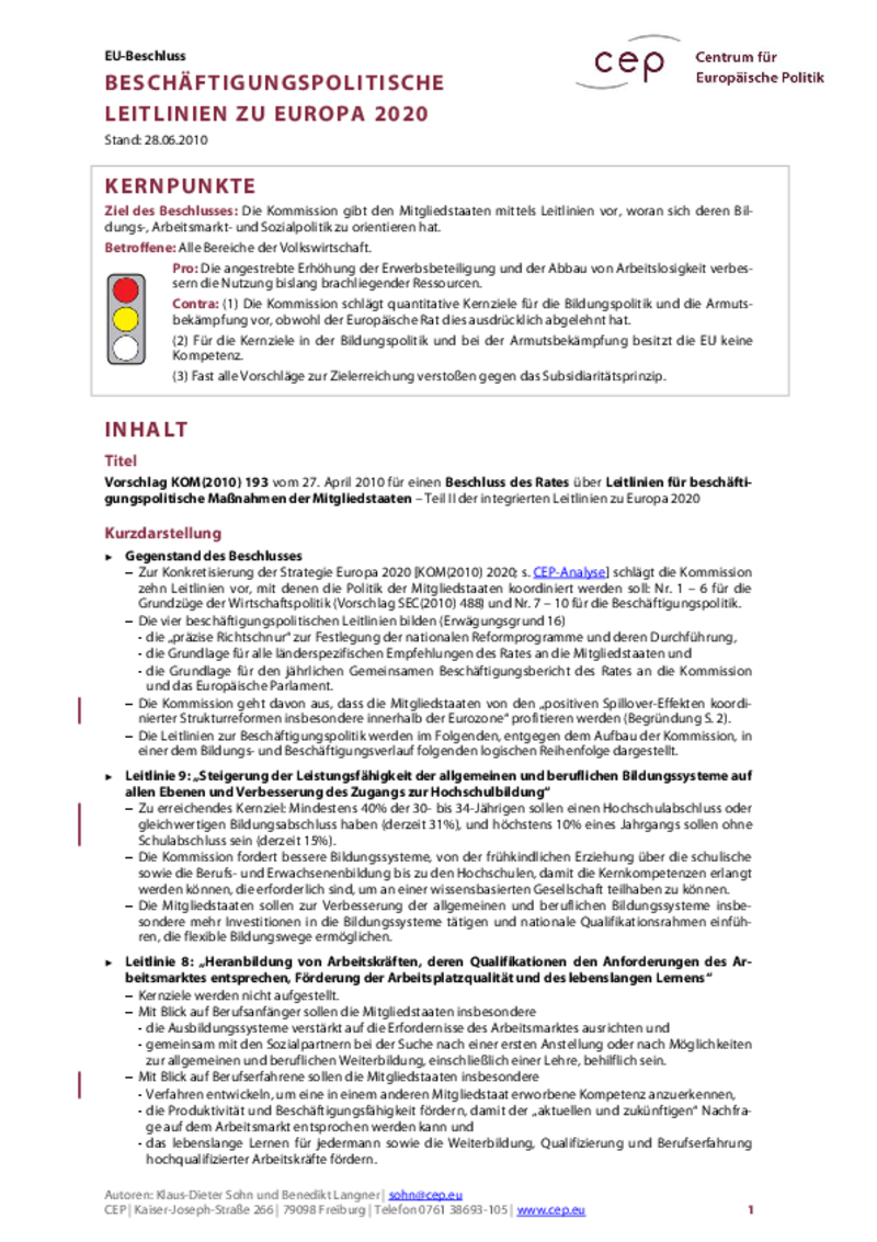 Beschäftigungspolitische Leitlinien zu Europa 2020 KOM(2010) 193