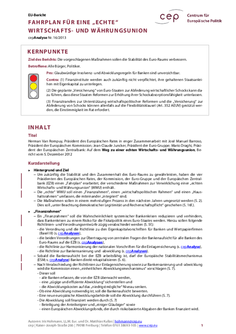 Fahrplan für eine "echte" Wirtschafts- und Währungsunion