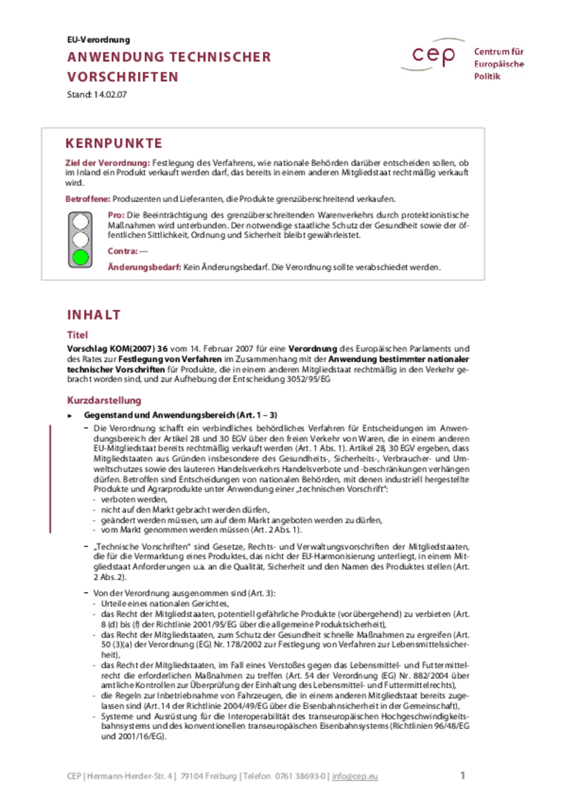 Anwendung technischer Vorschriften KOM(2007) 36