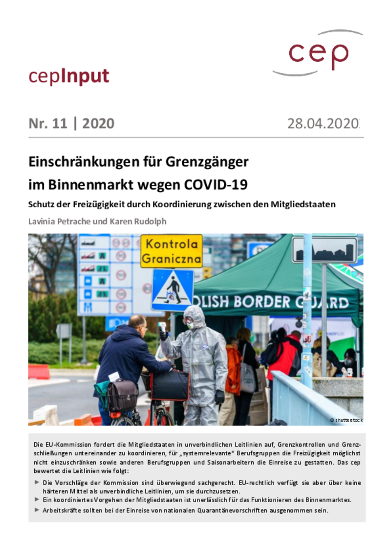 Einschränkungen für Grenzgänger im Binnenmarkt wegen COVID-19 (cepInput)
