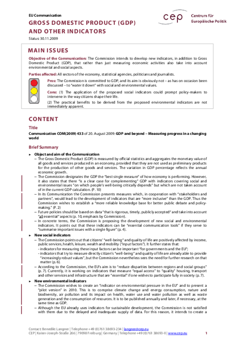 Gross Domestic Product (GDP) and Further Indicators COM(2009) 433