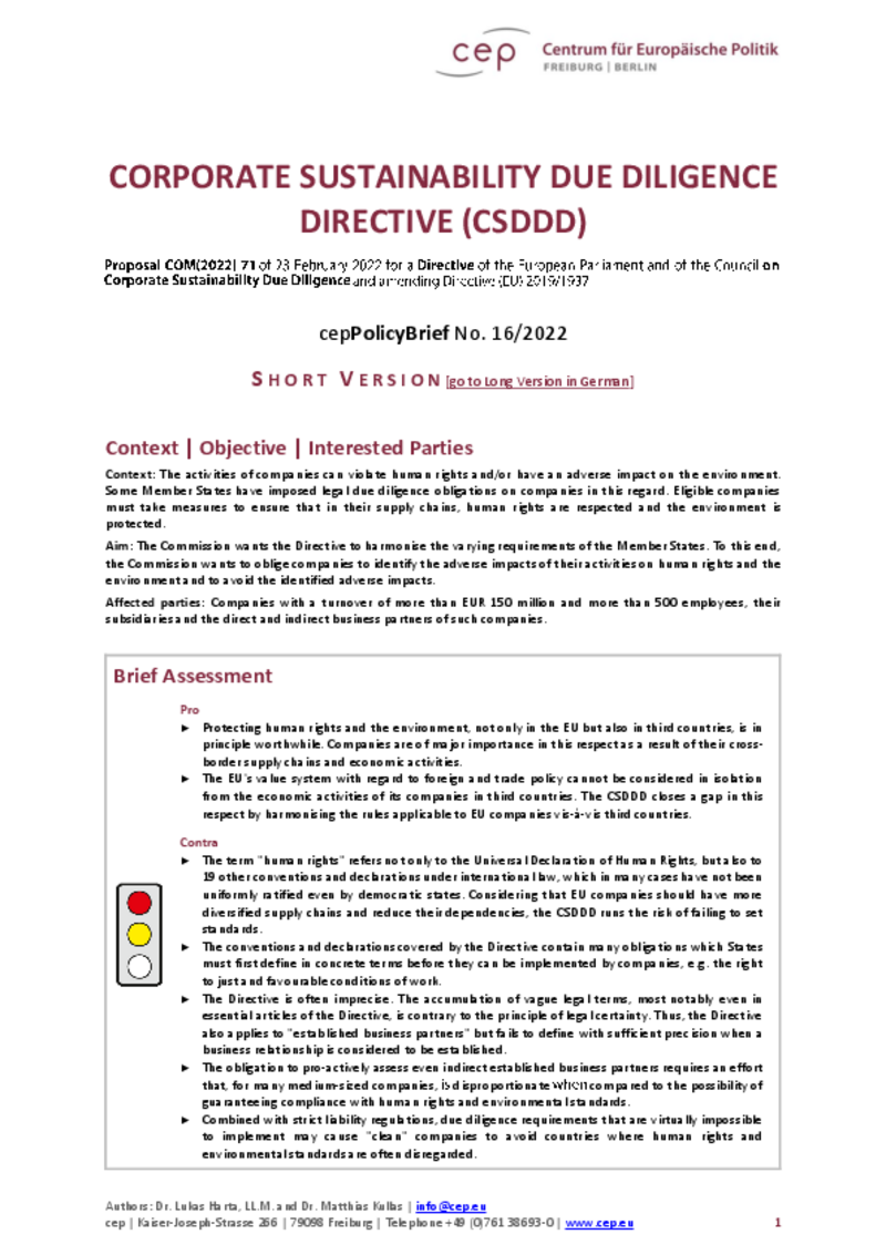 Corporate Sustainability Due Diligence Directive (cepPolicyBrief COM(2022) 71) Short Version
