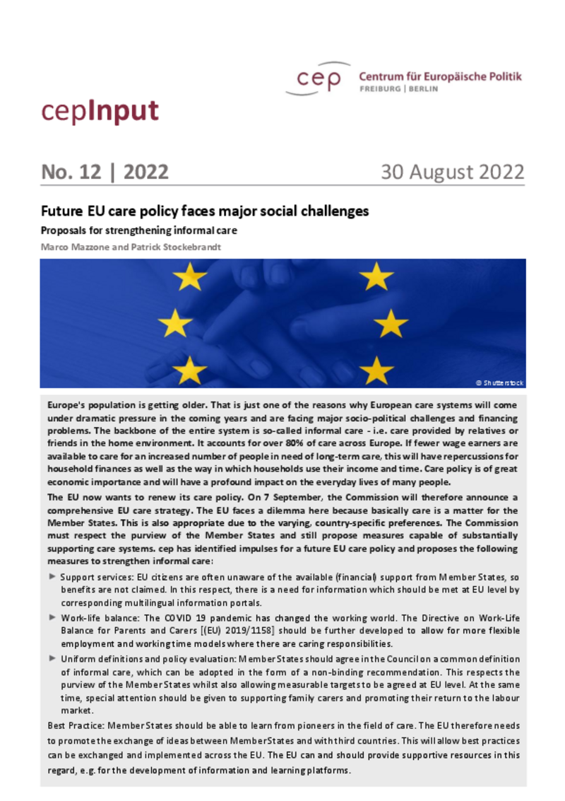 La futura politica UE per l’assistenza di fronte ad enormi sfide sociali (cepInput)