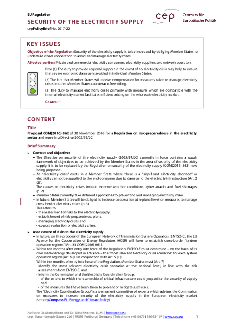 Security of the Electricity Supply COM(2016) 862