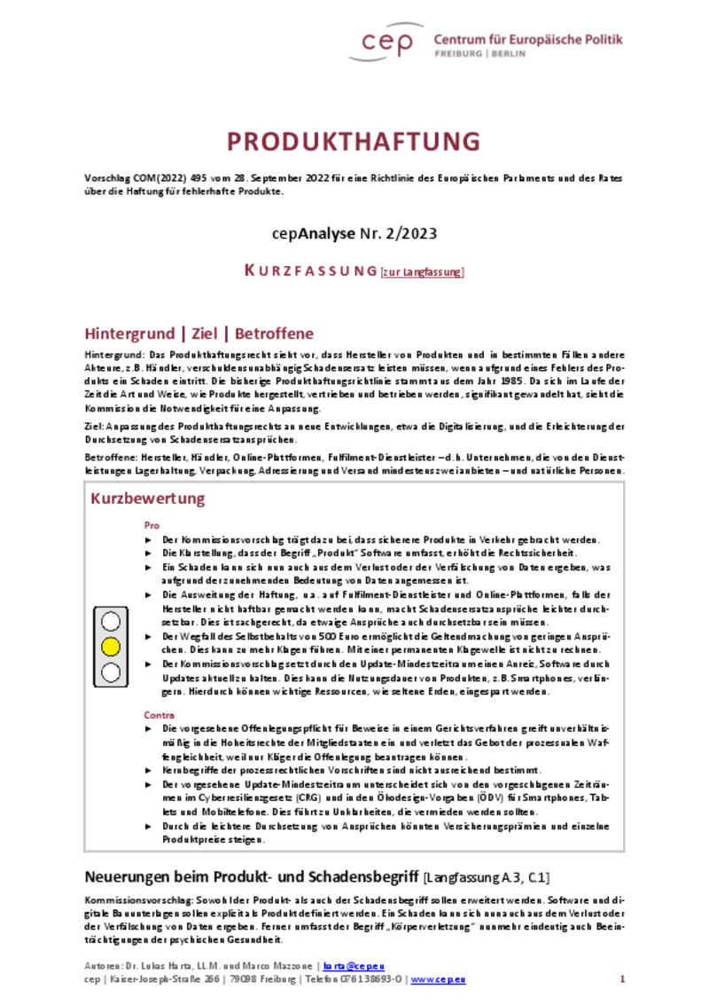 Produkthaftung (cepAnalyse zu COM(2022) 495) Kurzfassung