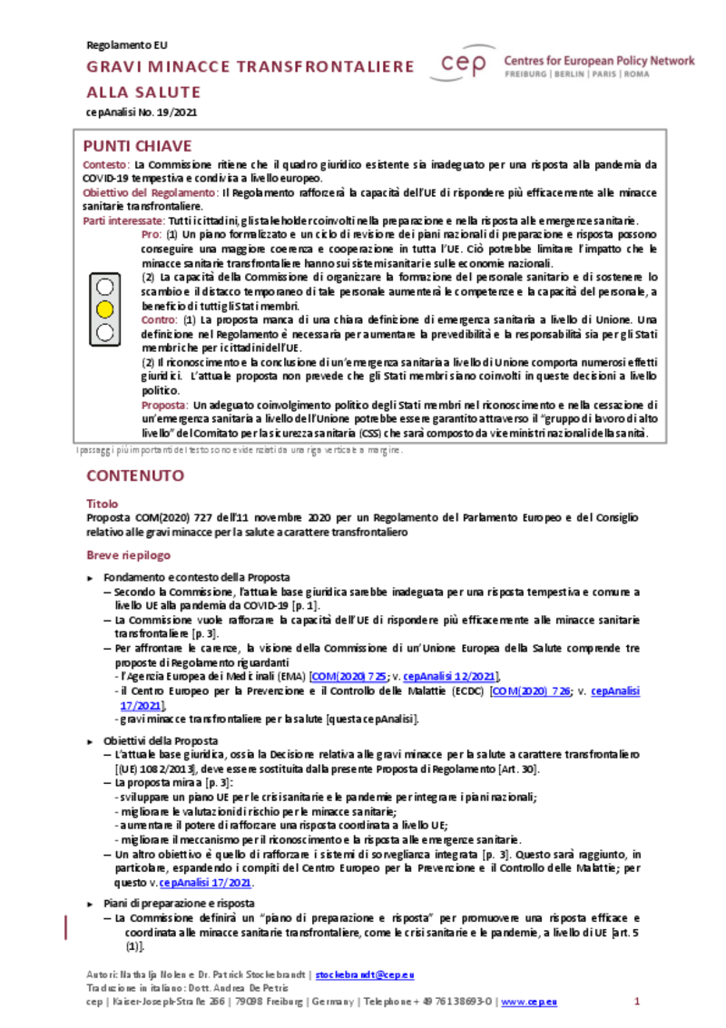 Gravi minacce sanitarie transfrontaliere (cepAnalisi della COM2020_727)