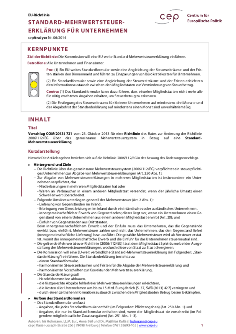 Standard-Mehrwertsteuererklärung für Unternehmen COM(2013) 721