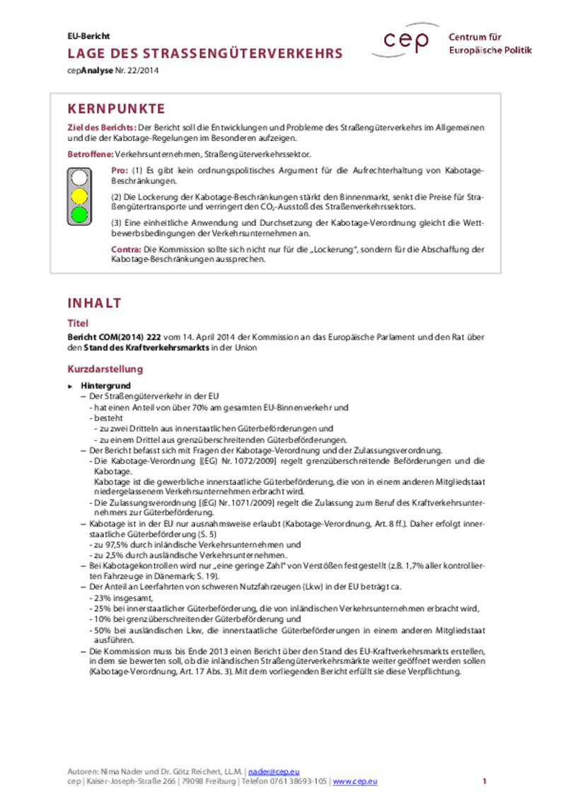 Lage des Straßengüterverkehrs COM(2014) 222