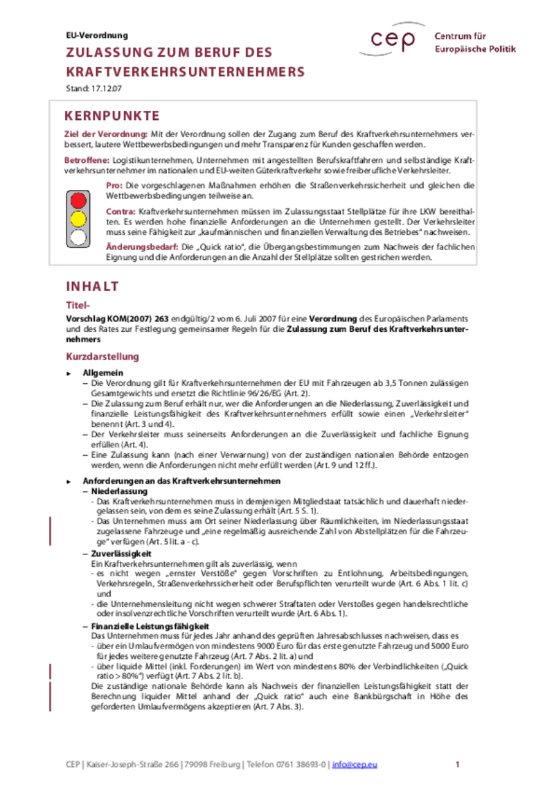 Zulassung zum Beruf des Kraftverkehrsunternehmers KOM(2007) 263