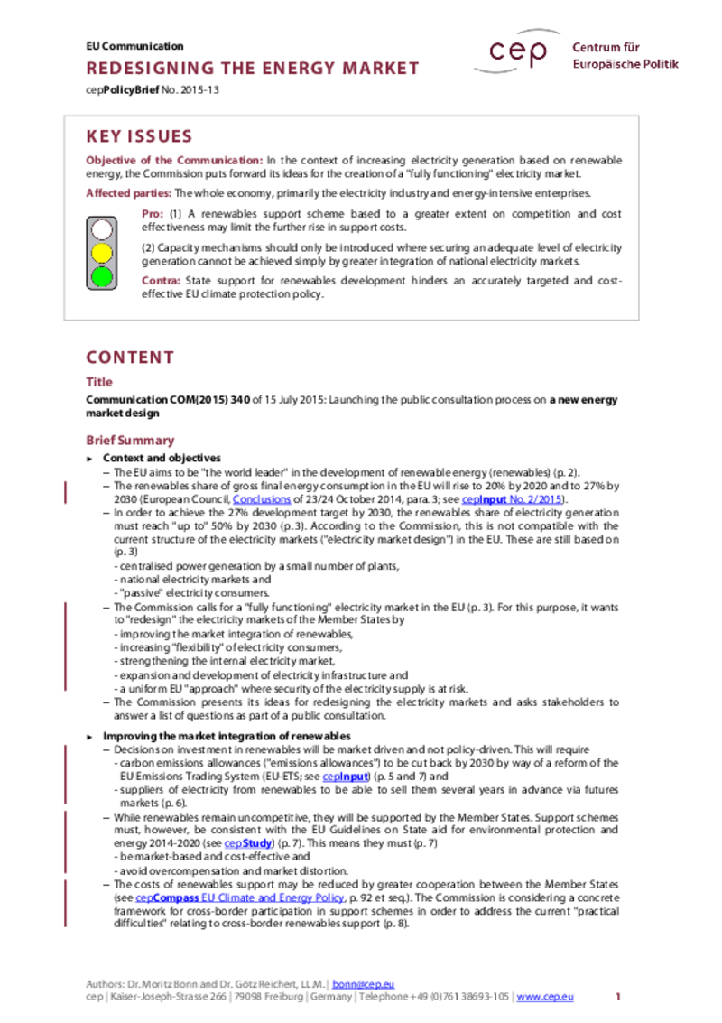 Redesigning the Energy Market COM(2015) 340