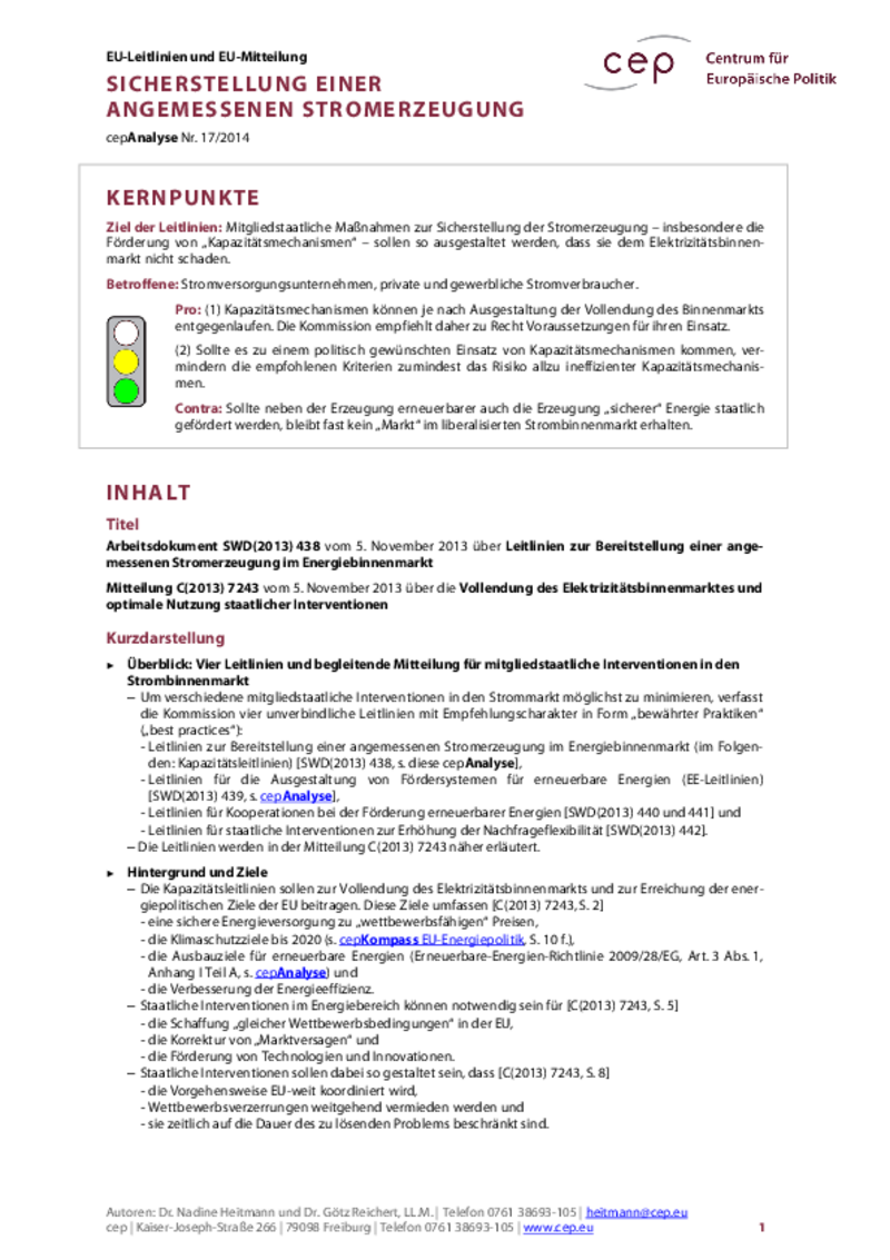 Sicherstellung einer angemessenen Stromerzeugung C(2013) 7243