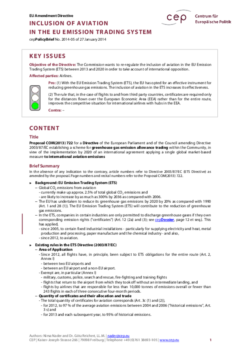 Inclusion of Aviation in the EU Emission Trading System COM(2013) 722