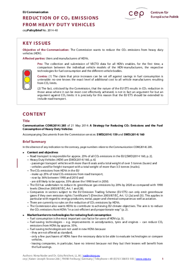 Reducing CO2 Emissions from Heavy Duty Vehicles COM(2014) 285