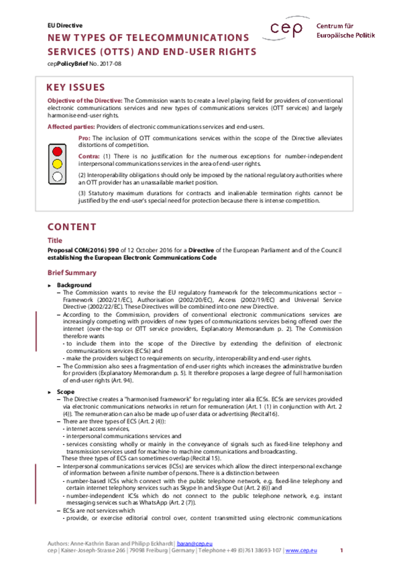 New types of telecommunications services and end-user rights COM(2016) 590