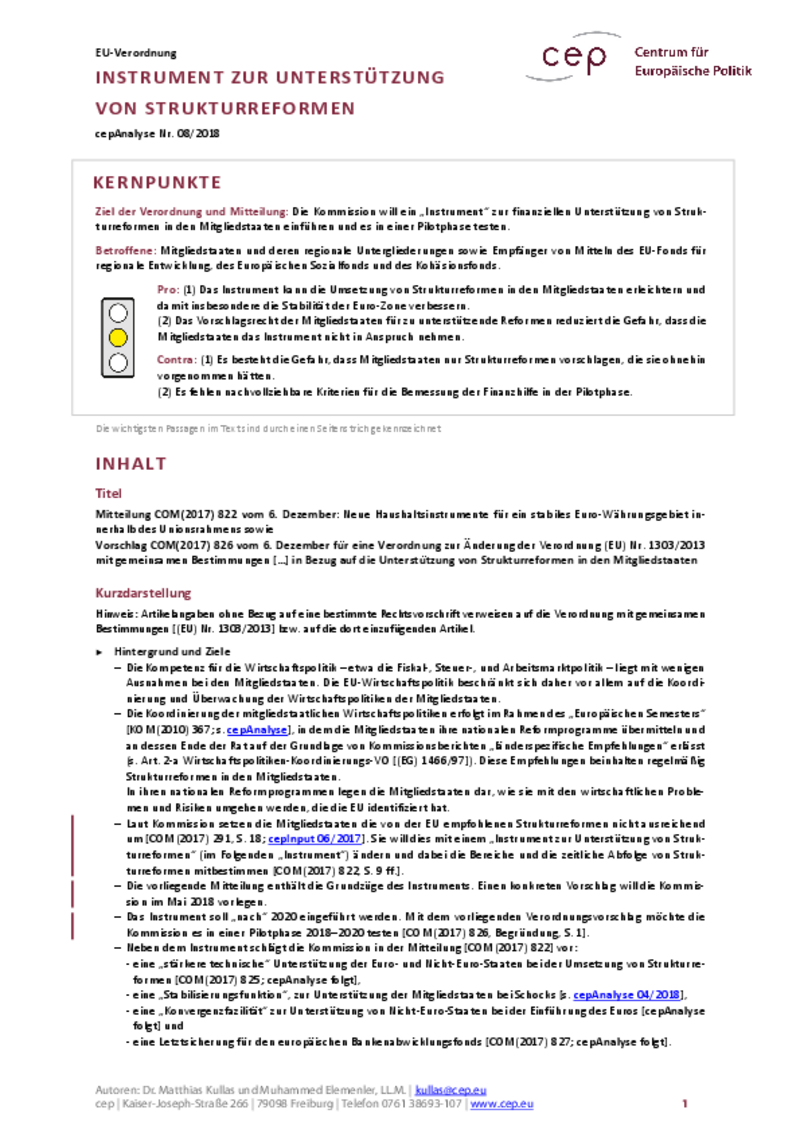 Instrument zur Unterstützung von Strukturreformen COM(2017) 826