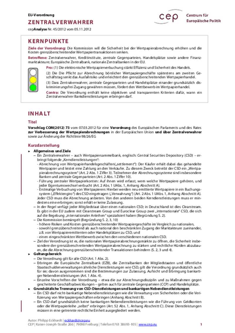 Zentralverwahrer COM(2012) 73