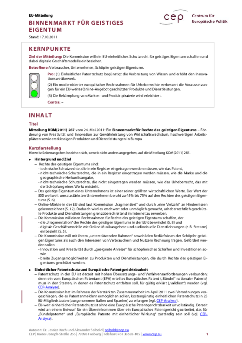 Binnenmarkt für geistiges Eigentum KOM(2011) 287