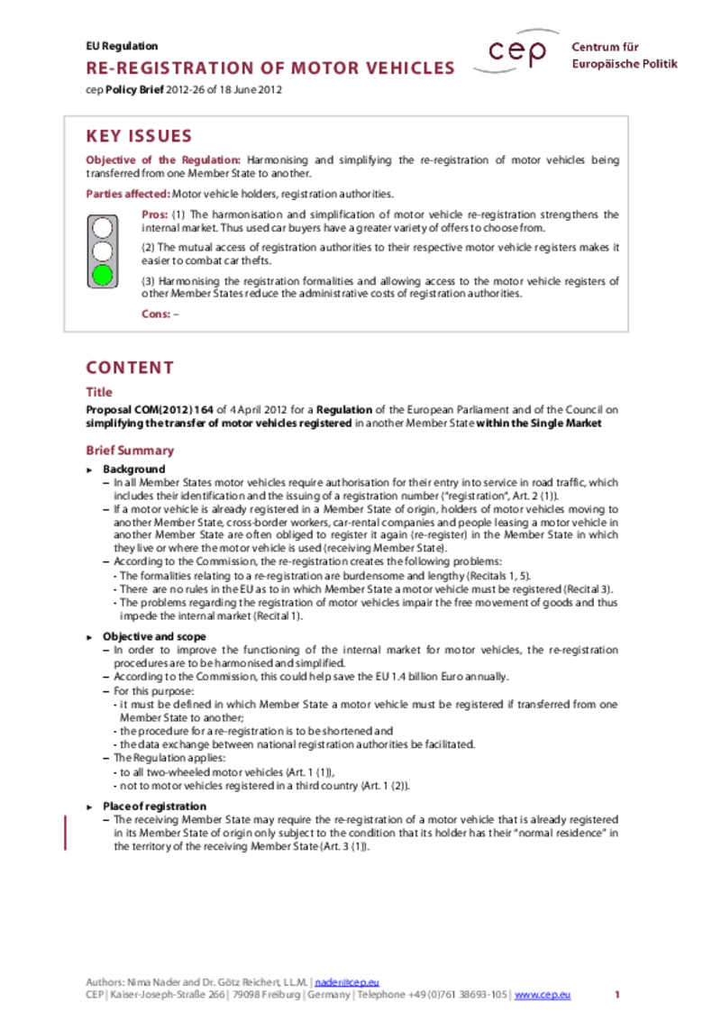 Re-Registration of Motor Vehicles COM(2012) 164