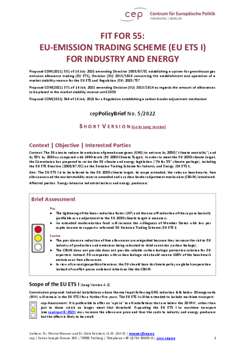 Fit for 55: EU-Emission Trading Scheme (EU ETS I) for Industry and Energy
