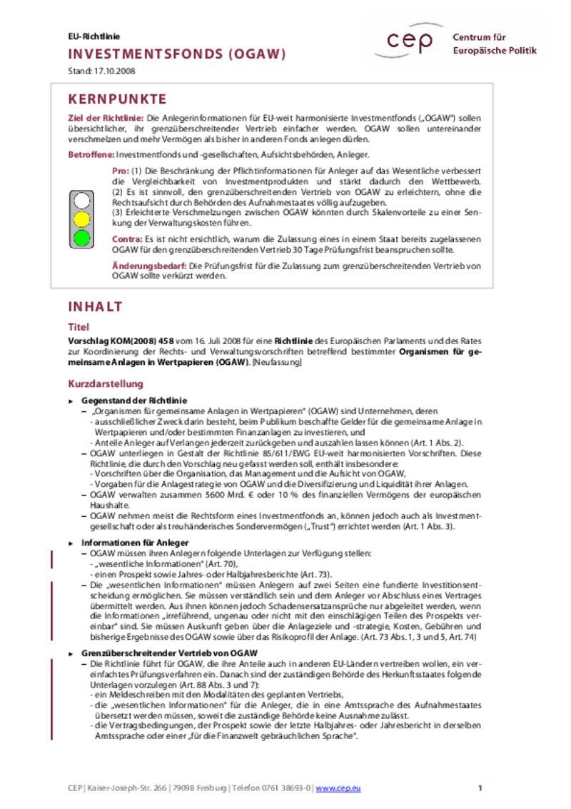 Investmentfonds (OGAW) KOM(2008) 458