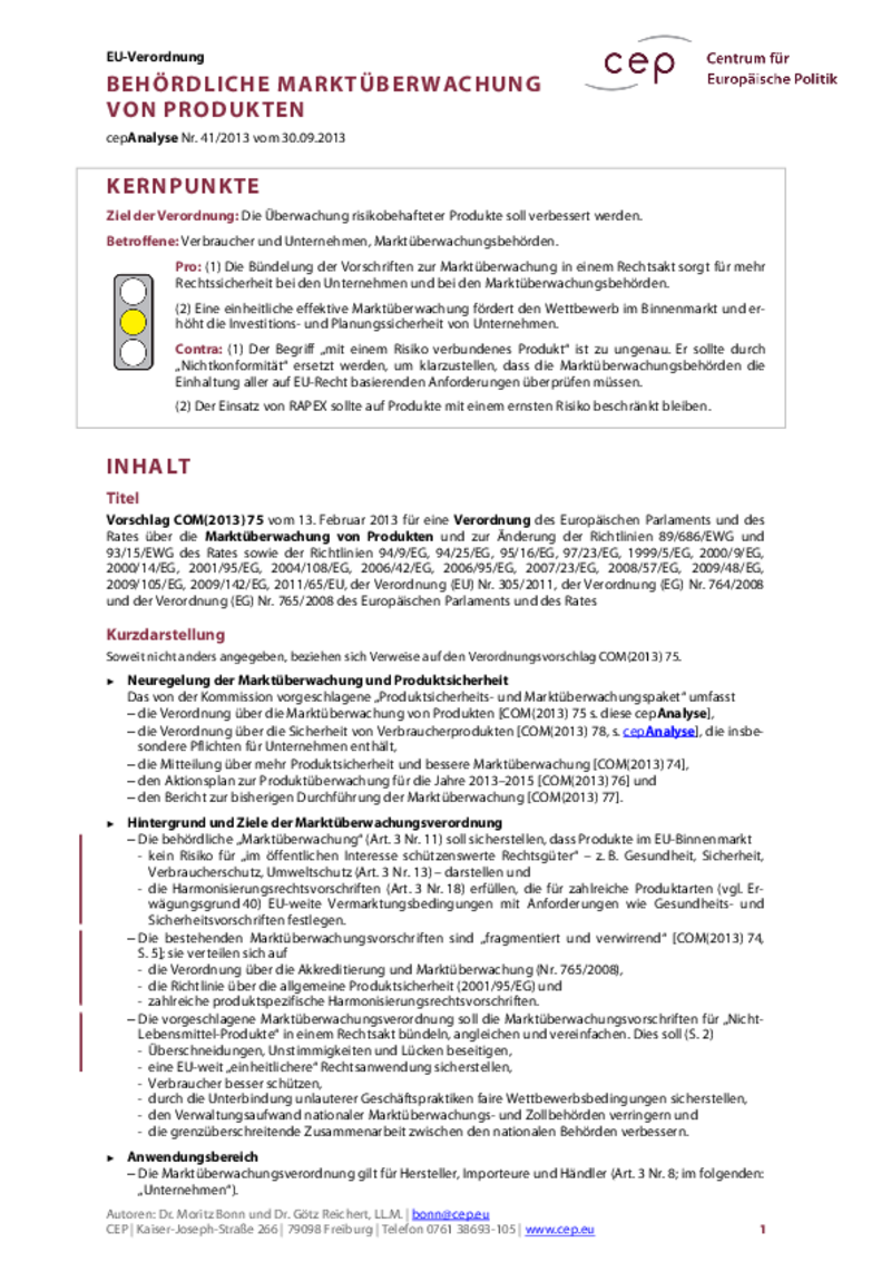 Marktüberwachung von Produkten COM(2013) 75