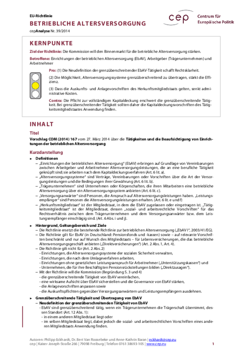 Betriebliche Altersversorgung (EbAV-II) COM(2014) 167