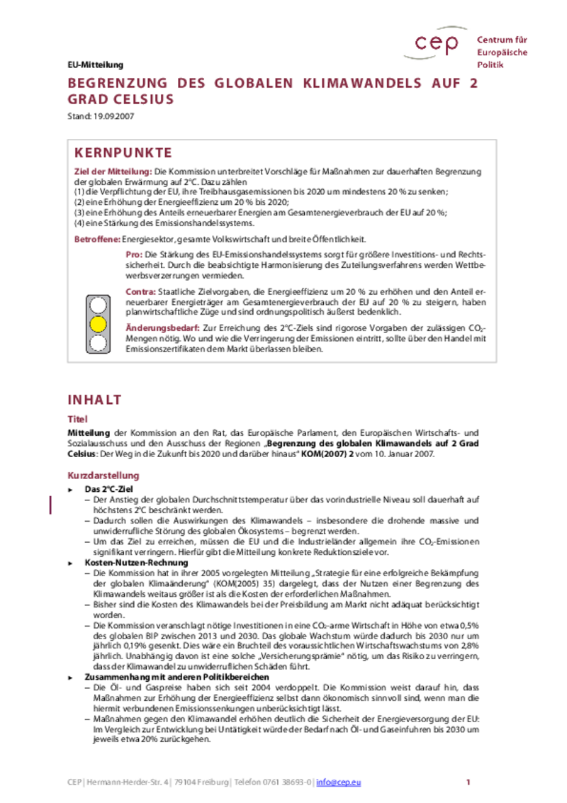 Begrenzung des globalen Klimawandels auf 2 Grad Celsius KOM(2007) 2