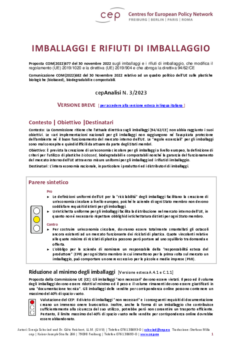 Imballaggi e rifiuti di imballaggio (cepAnalisi) - Versione breve