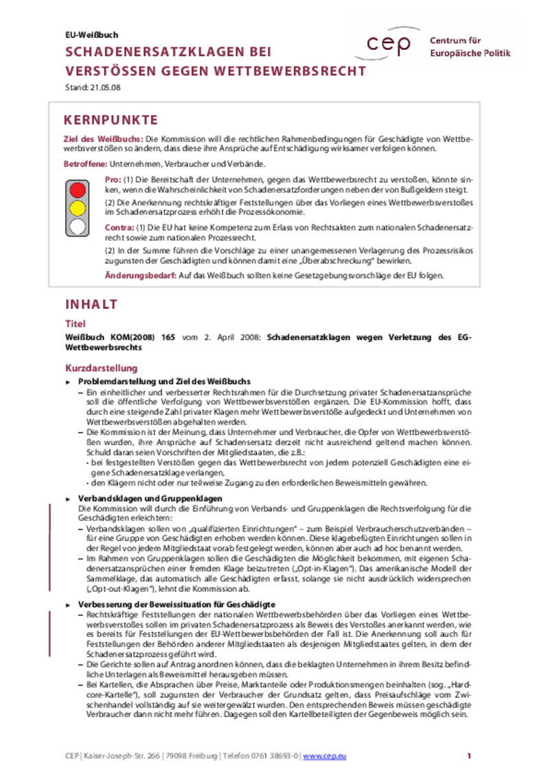 Schadenersatzklagen bei Verstößen gegen Wettbewerbsrecht KOM(2008) 165