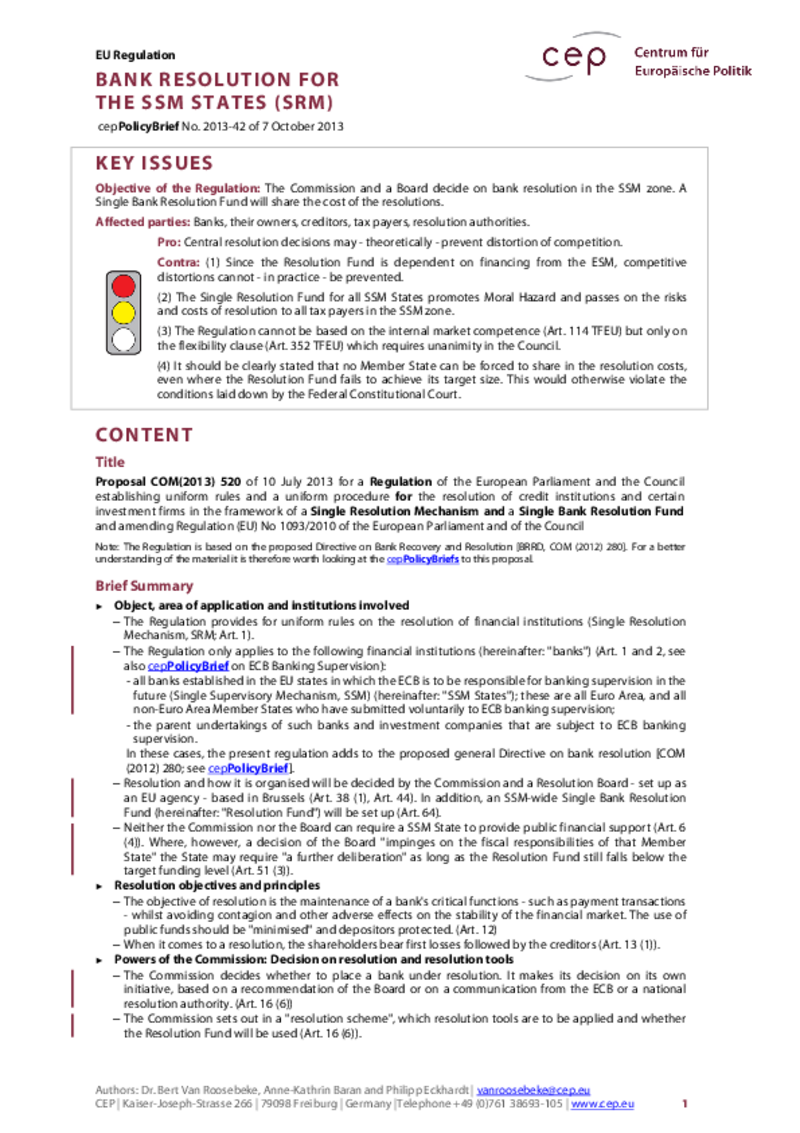 Bank Resolution in the SSM States COM(2013) 520