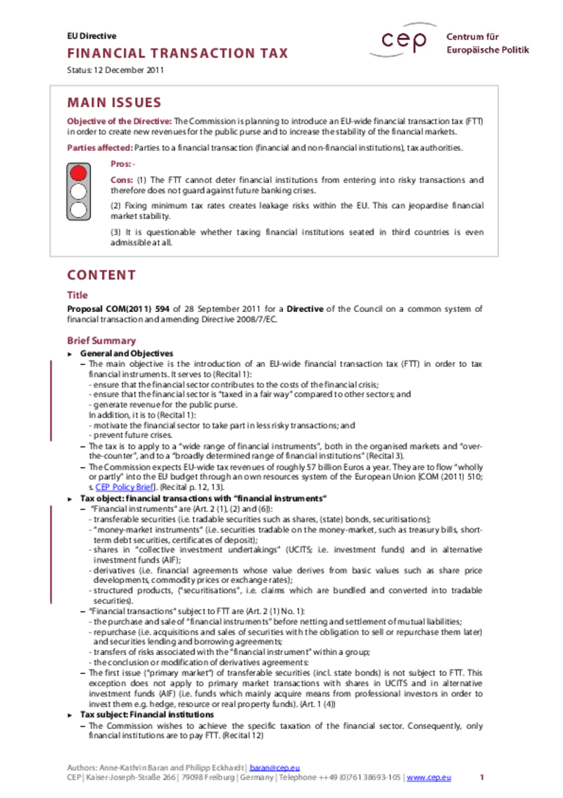 Financial Transaction Tax COM(2011) 594