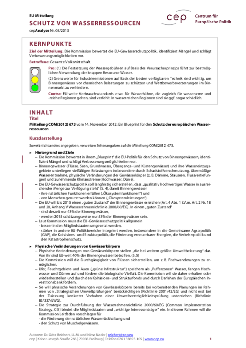 Schutz von Wasserressourcen COM(2012) 673