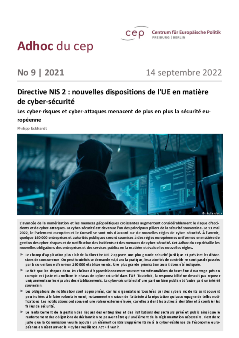 Critique du cep Fribourg/Berlin sur les directives européennes en matière de cyber sécurité : le nombre d’entreprises concernées est trop large