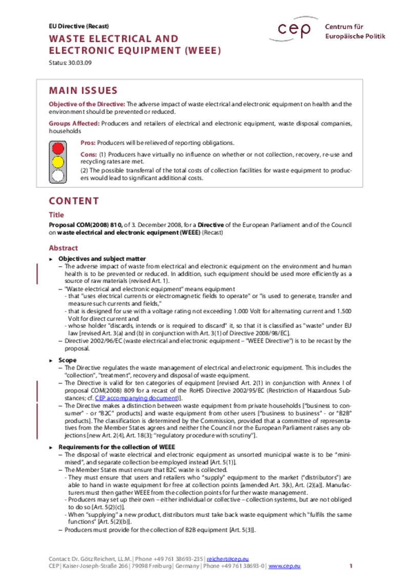 Waste Electrical and Electronic Equipment COM(2008) 810