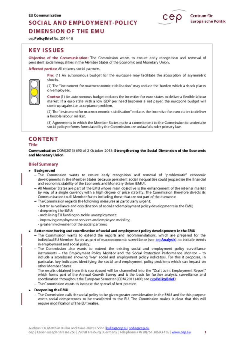 The Social Dimension of the Economic and Monetary Union COM(2013) 690