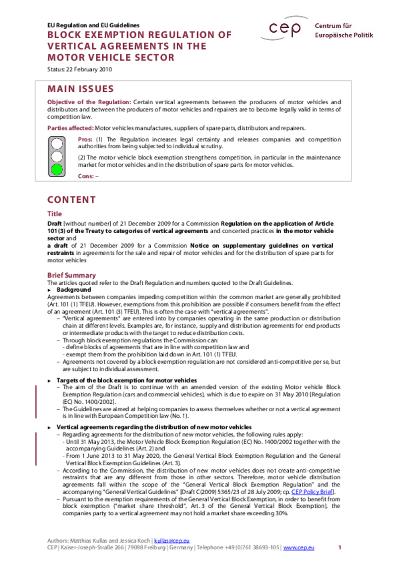 Block Exemption Regulation in the Motor Vehicle Sector