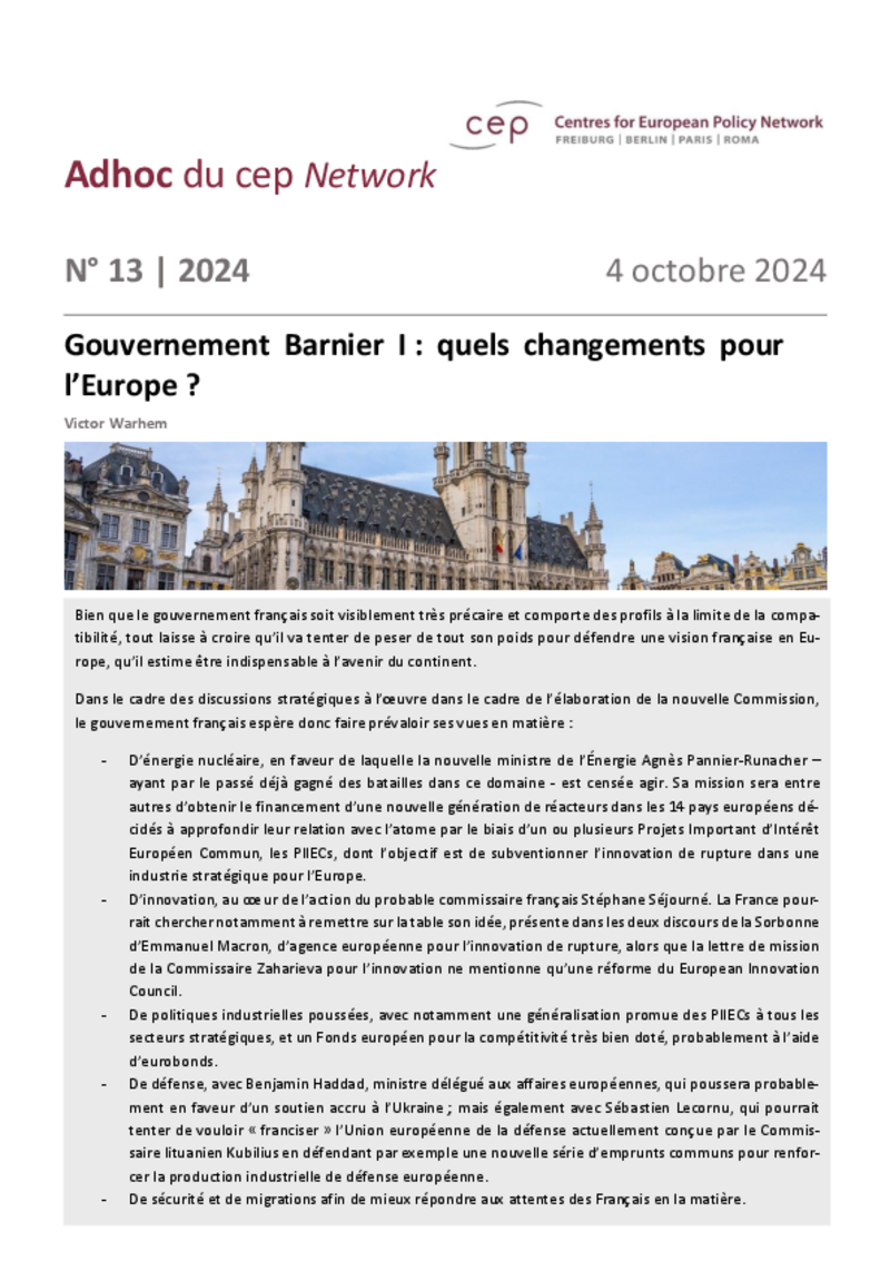 Gouvernement Barnier I : le cep voit une France combative en Europe sur le nucléaire, l’innovation, l’industrie, la défense et les migrations