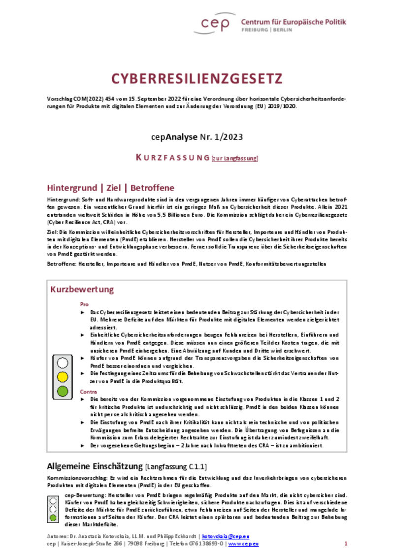 Cyberresilienzgesetz (cepAnalyse zu COM(2022) 454) Kurzfassung