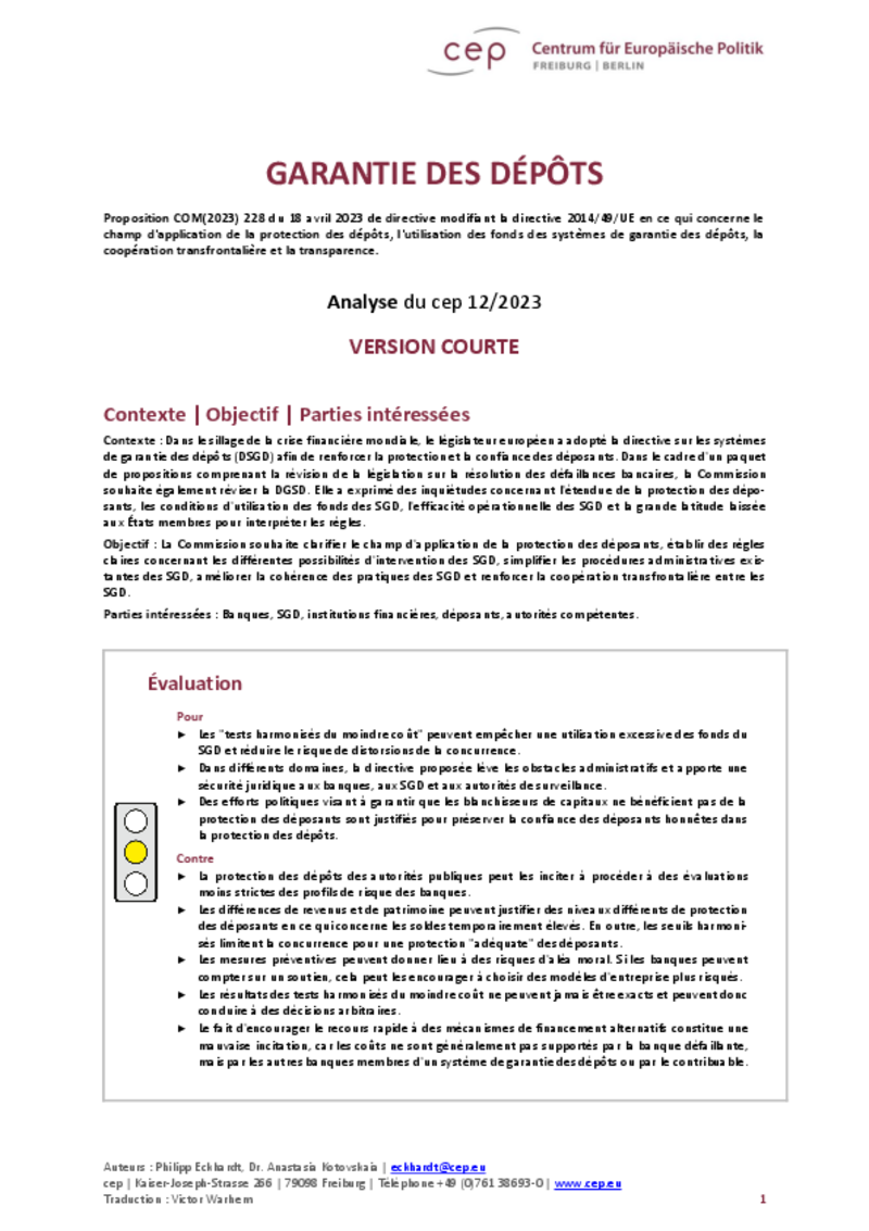 Le cep identifie des forces et des faiblesses dans la réforme européenne des systèmes de garantie des dépôts