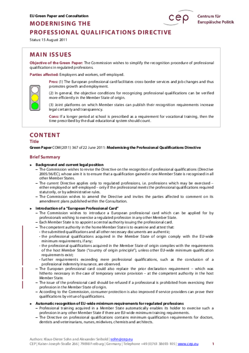 Modernising the Professional Qualifications Directive COM(2011) 367