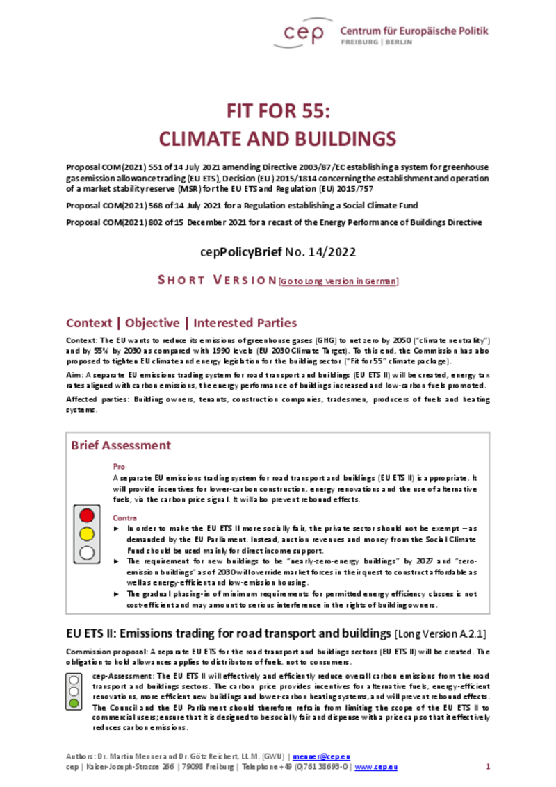 Fit for 55: Climate and Buildings (cepPolicyBrief Short Version)