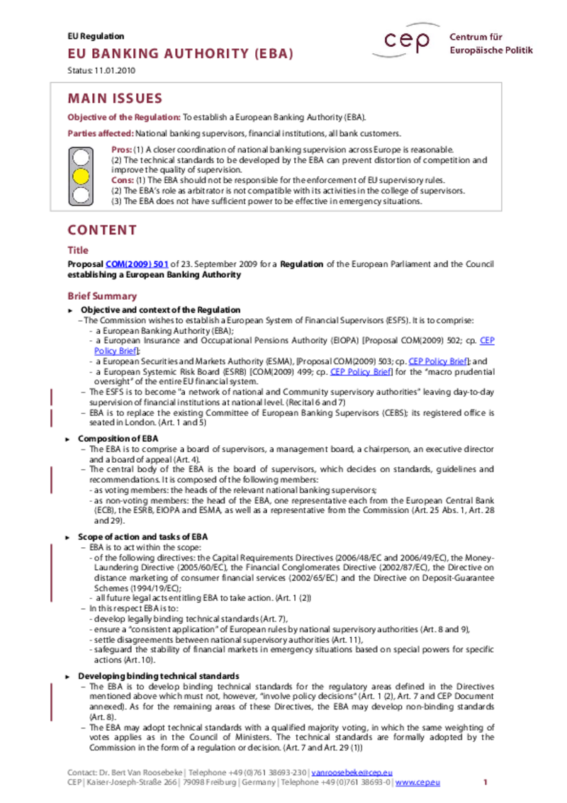 EU Banking Authority (EBA) COM(2009) 501