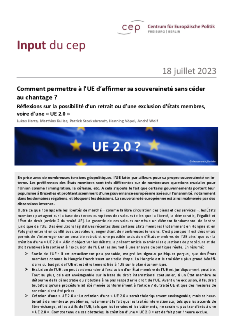 Le cep estime que l’UE dispose d’une base juridique pour exclure un Etat-membre en ultime recours