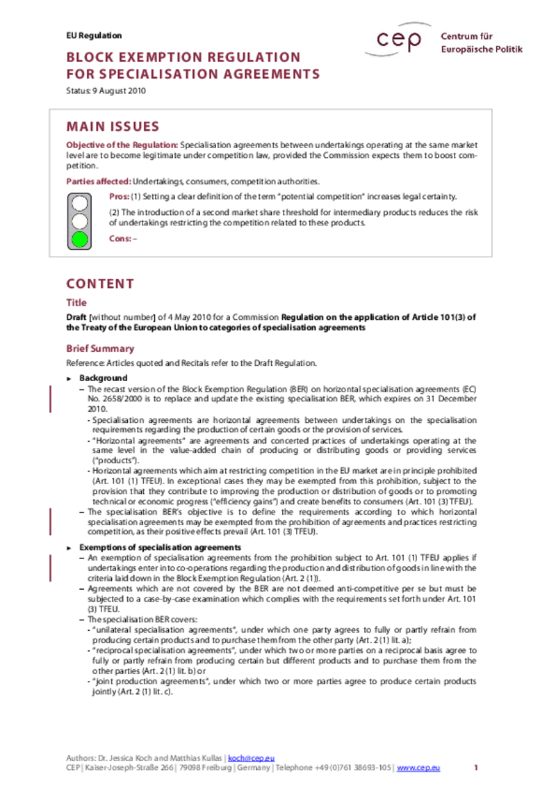 Block Exemption Regulation for Specialisation Agreements