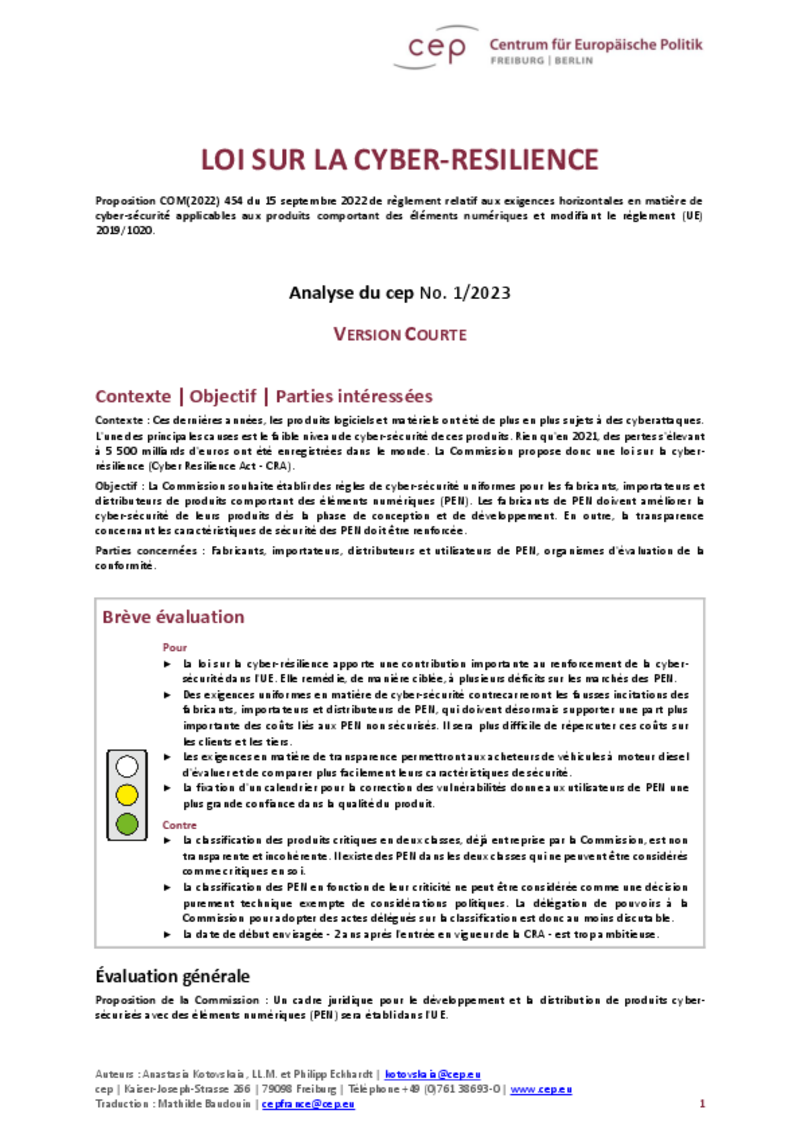 Cyber sécurité : le cep Berlin/Fribourg attribue une très bonne note au projet de la Commission