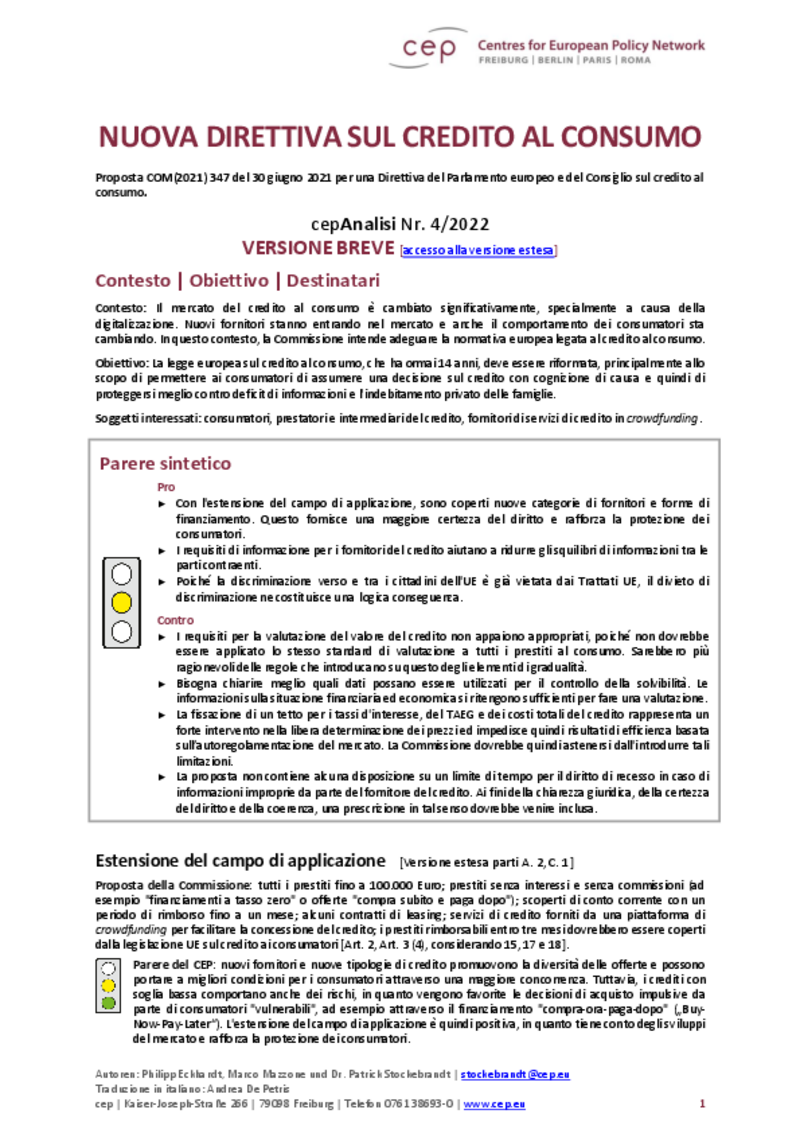 Nuova direttiva sul credito al consumo (cepAnalisi del COM(2021) 347)