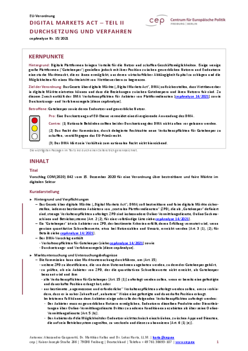 Digital Markets Act - Teil II: Durchsetzung und Verfahren (cepAnalyse zu COM2020_842)