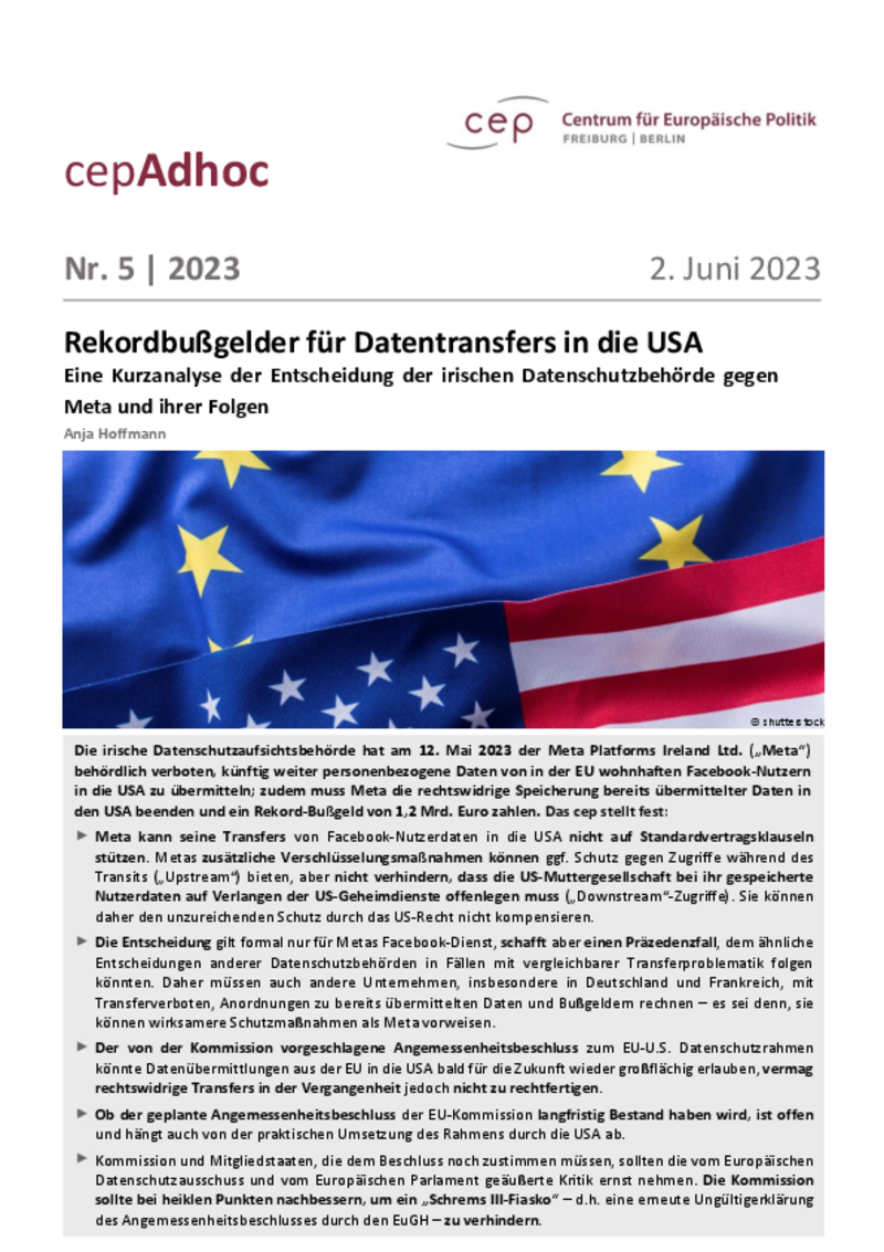Rekordbußgelder für Datentransfers in die USA (cepAdhoc)