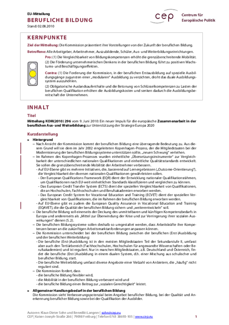 Berufliche Bildung KOM(2010) 296