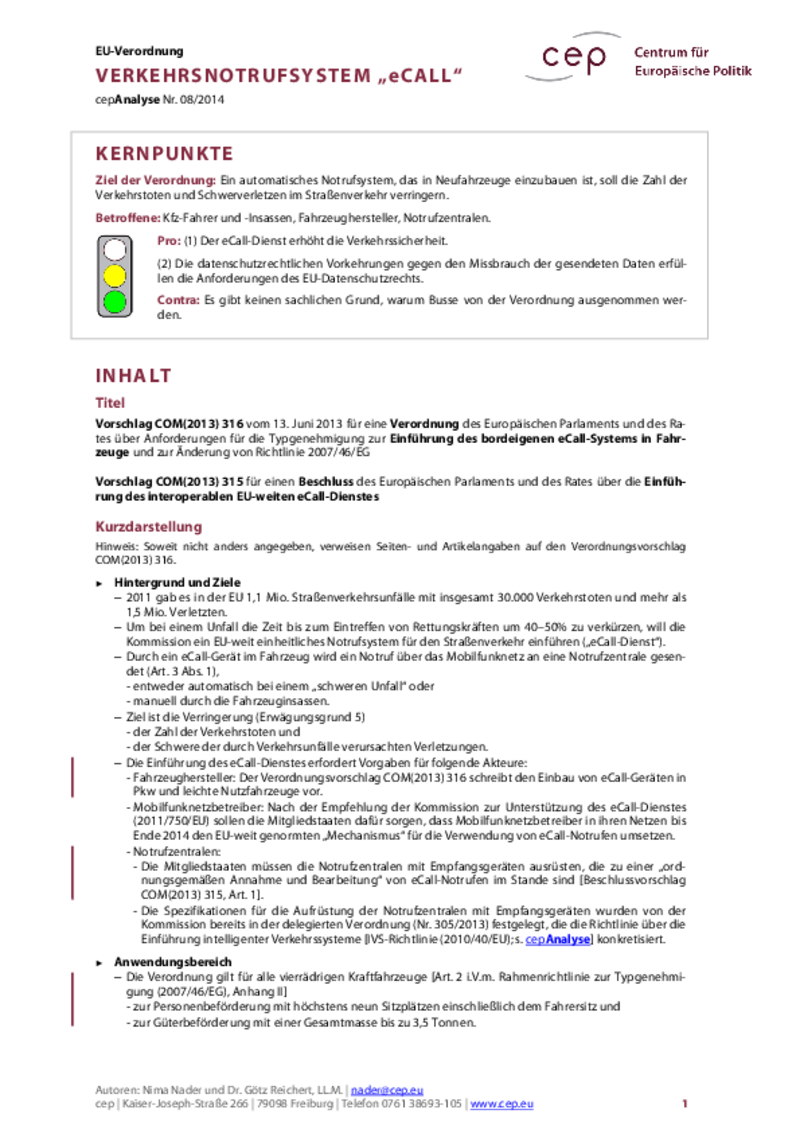 Verkehrsnotrufsystem „eCall“ COM(2013) 316